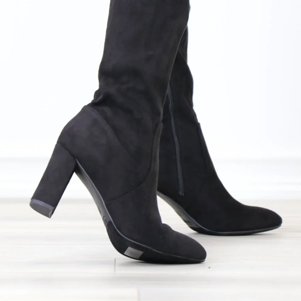 Black Over The Knee Boots Lace Up Back Side Zip Block Heel Faux Suede